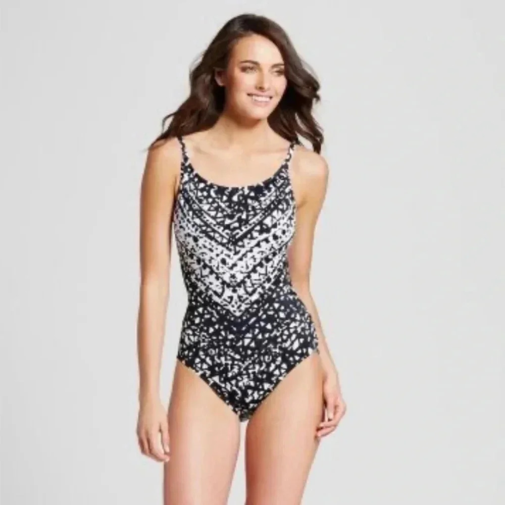 Badgley Mischka BM50226 Tiki Cross-Back X-Back Maillot One-Piece Swimsuit Sz 8